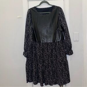 SHEIN Black Floral Long Sleeve Dress with Faux Leather Bodice
